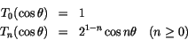 \begin{eqnarray*}
T_0(\cos \theta) & = & 1 \\
T_n(\cos \theta) & = & 2^{1-n}\cos n\theta    (n \ge 0)
\end{eqnarray*}